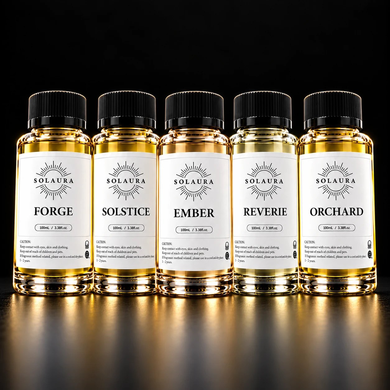 The five Solaura fragrance oils: Forge, Solstice, Ember, Reverie and Orchard